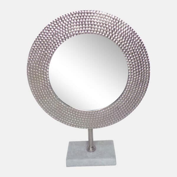 METAL 19" HAMMERED MIRROR ON STAND, SILVER