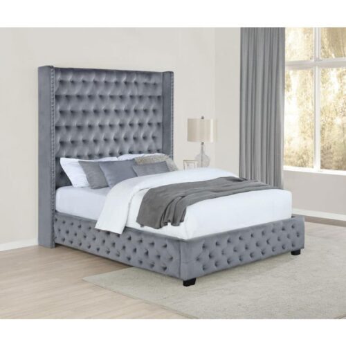 ROCORI UPHOLSTERED QUEEN WINGBACK BED, GREY