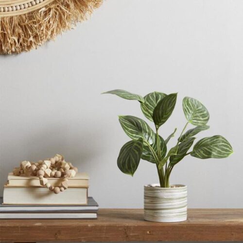 THE NOVOGRATZ GREEN FAUX FOLIAGE CALATHEA ARTIFICIAL PLANT WITH REALISTIC LEAVES AND PATTERNED PORCLAIN POT