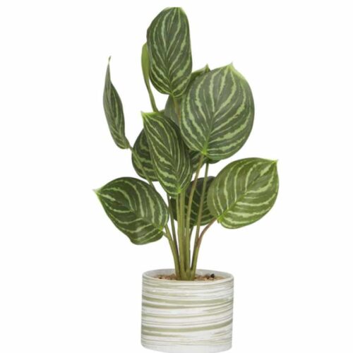 THE NOVOGRATZ GREEN FAUX FOLIAGE CALATHEA ARTIFICIAL PLANT WITH REALISTIC LEAVES AND PATTERNED PORCLAIN POT