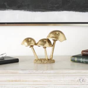 THE NOVOGRATZ GOLD POLYSTONE MUSHROOM METALLIC SCULPTURE WITH TEXTURED BASE