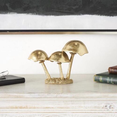 GOLD POLYSTONE MUSHROOM METALLIC SCULPTURE WITH TEXTURED BASE