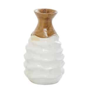 WHITE TEAK WOOD HANDMADE VASE WITH RIPPLE TEXTURE