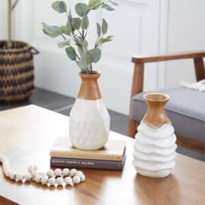 WHITE TEAK WOOD HANDMADE VASE WITH RIPPLE TEXTURE