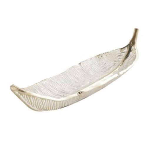 18″ SILVER ALUMINUM METAL LEAF SLIM CARVED DECORATIVE BOWN WITH GOLD METALLIC ACCENT