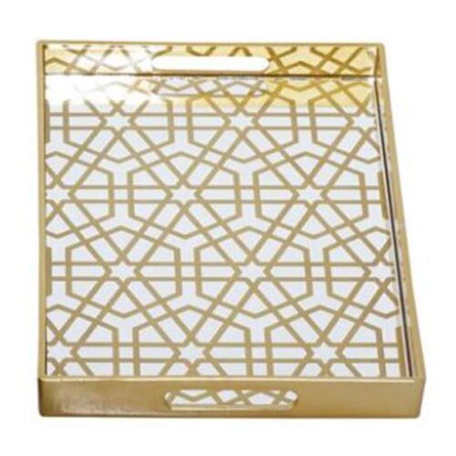 14″ GOLD PLASTIC GEOMETRIC MIRRORED TRAY