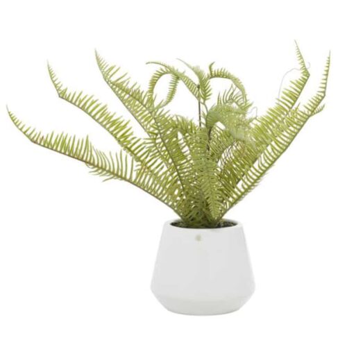 GREEN FAUX FOLIAGE FERN WITH REALISTIC LEAVES AND WHITE CERAMIC POT