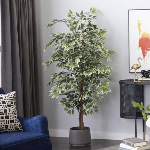 GREEN FAUX FOLIAGE FICUS  WITH BLACK POT