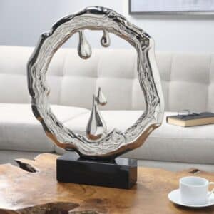 SILVER METAL ABSTRACT SCULPTURE WITH MARBLE BASE