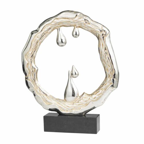 SILVER METAL ABSTRACT SCULPTURE WITH MARBLE BASE