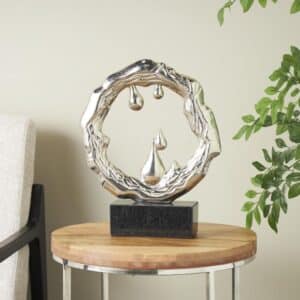 SILVER METAL ABSTRACT SCULPTURE WITH MARBLE BASE, 14″