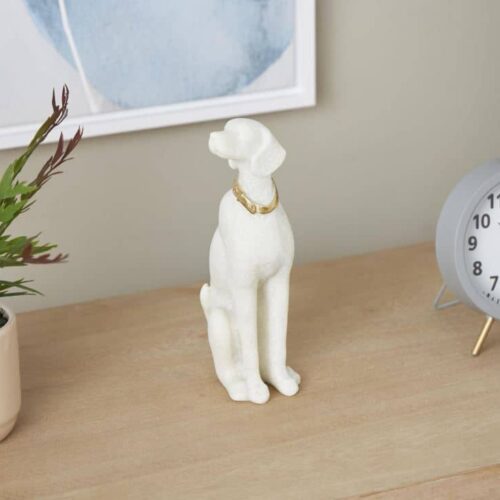 CREAM POLYSTONE SITTING DOG SCULPTURE WITH GOLD COLLAR