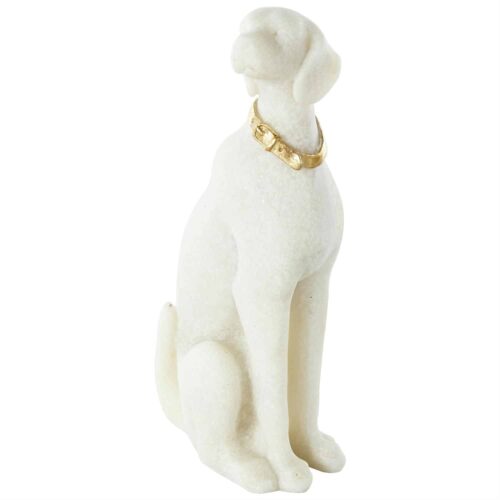 CREAM POLYSTONE SITTING DOG SCULPTURE WITH GOLD COLLAR