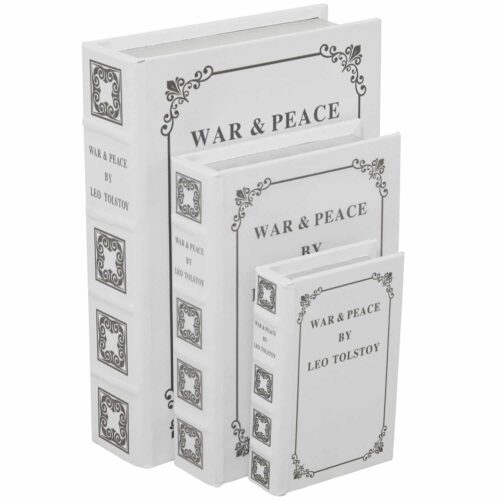 LIGHT GREY FAUX LEATHER “WAR AND PEACE” STORAGE BOOK BOX, SET OF 3