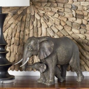 GRAY POLYSTONE MOTHER ELEPHANT SCULPTURE