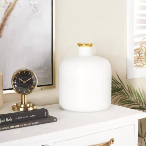 WHITE GLASS DECORATIVE VASE WITH GOLD RIM