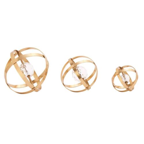 GOLD METAL GEOMETRIC ORB SCULPTURE WITH ACRYLIC CENTER, SET OF 3