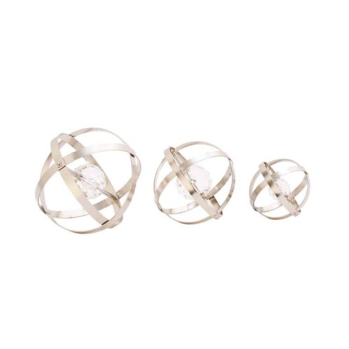 SILVER METAL GEOMETRIC ORB SCULPTURE WITH ACRYLIC CENTER, SET OF 3