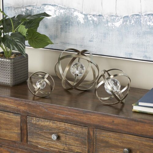 SILVER METAL GEOMETRIC ORB SCULPTURE WITH ACRYLIC CENTER, SET OF 3