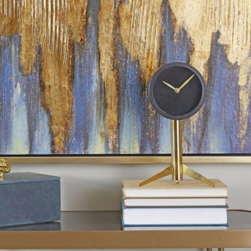 BLACK STAINLESS STEEL DECORATIVE CLOCK WITH GOLD STAND