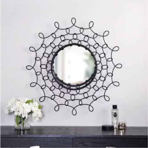ROUND WALL MIRROR WITH BLACK METAL OPEN LOOPED FRAME