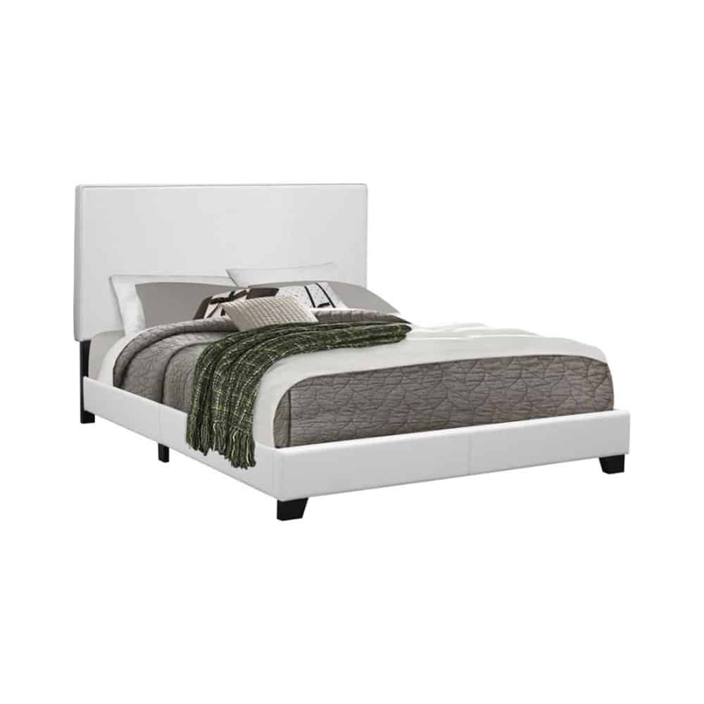MAUVE UPHOLSTERED QUEEN PANEL BED WHITE