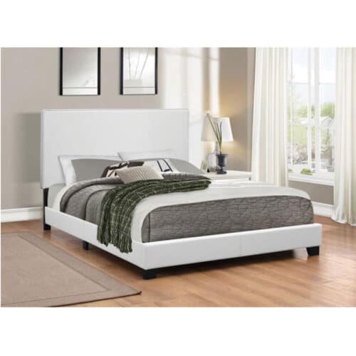 MAUVE UPHOLSTERED QUEEN PANEL BED WHITE
