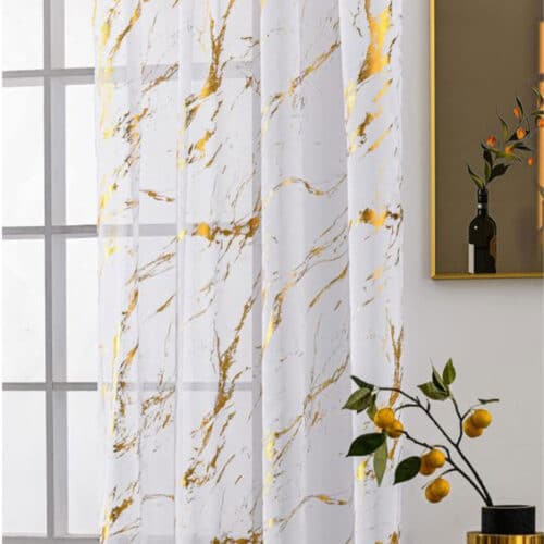 WHITE SHEER WITH GOLD FOIL MARBLE PRINT, 2 PANEL, 52×96